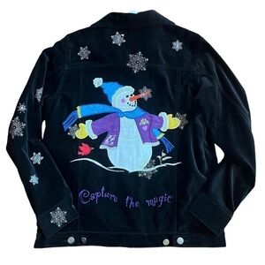 Quacker Factory Snowman Jacket Size Small Black Velvet Ugly Christmas Winter